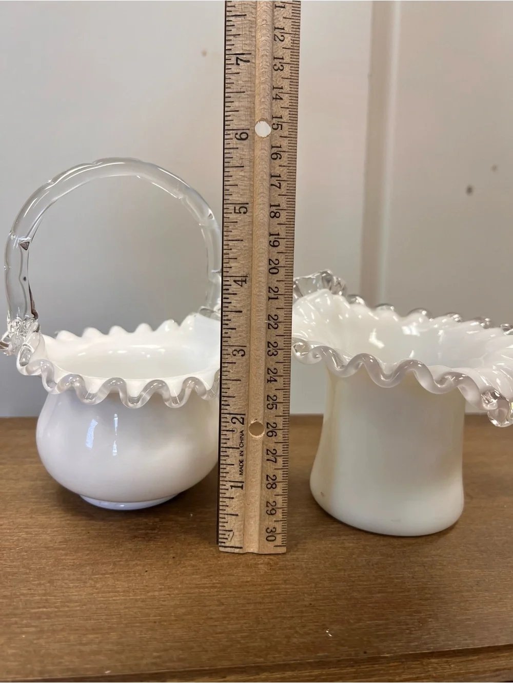Vintage White Milk Glass Basket and White Milk Glass Ruffled Dish (set 2)